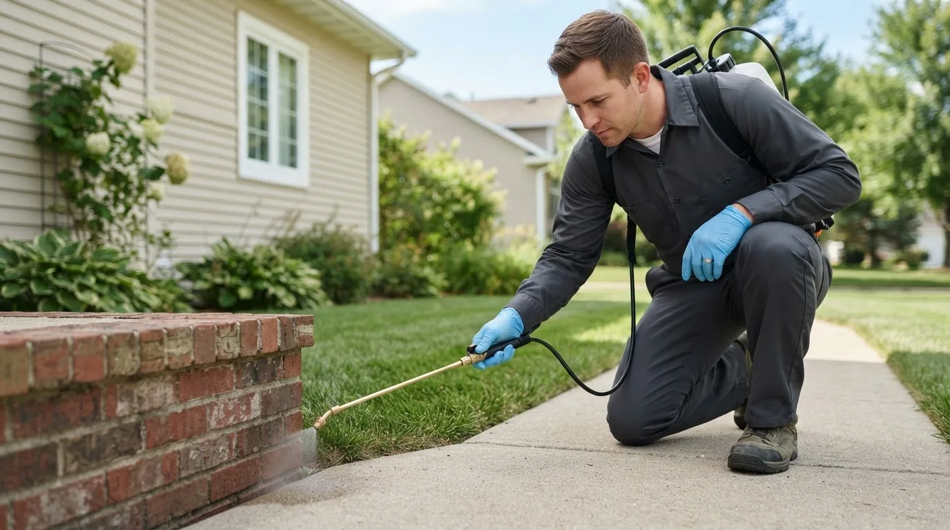Pest control technician treating a home near Nelsonville, OH