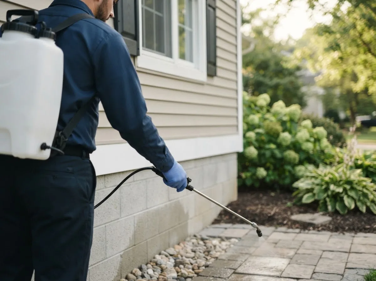 Pest control technician inspecting a home in Nelsonville, OH